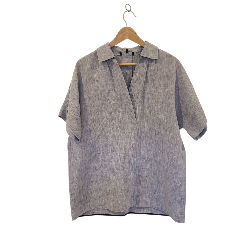 Lafayette 148 Blue‎ Linen Popover Top Small Oversized Loose Dolman Short Sleeves